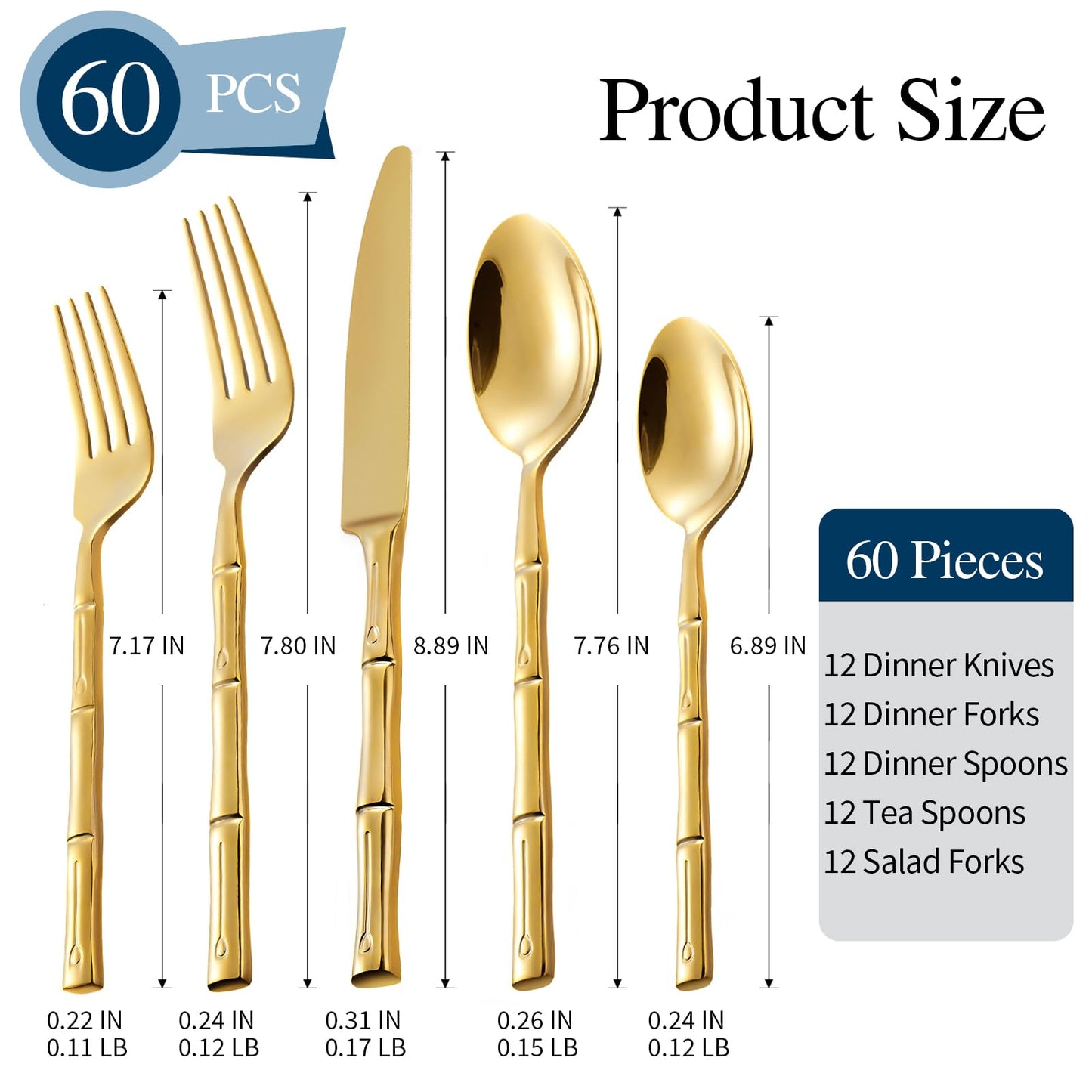 SILWELL Silverware 60-Piece Stainless Steel Mirror Polishing Gold Flatware Set Bamboo Pattern Cutlery Set Service for 12