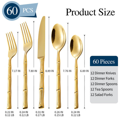 SILWELL Silverware 60-Piece Stainless Steel Mirror Polishing Gold Flatware Set Bamboo Pattern Cutlery Set Service for 12