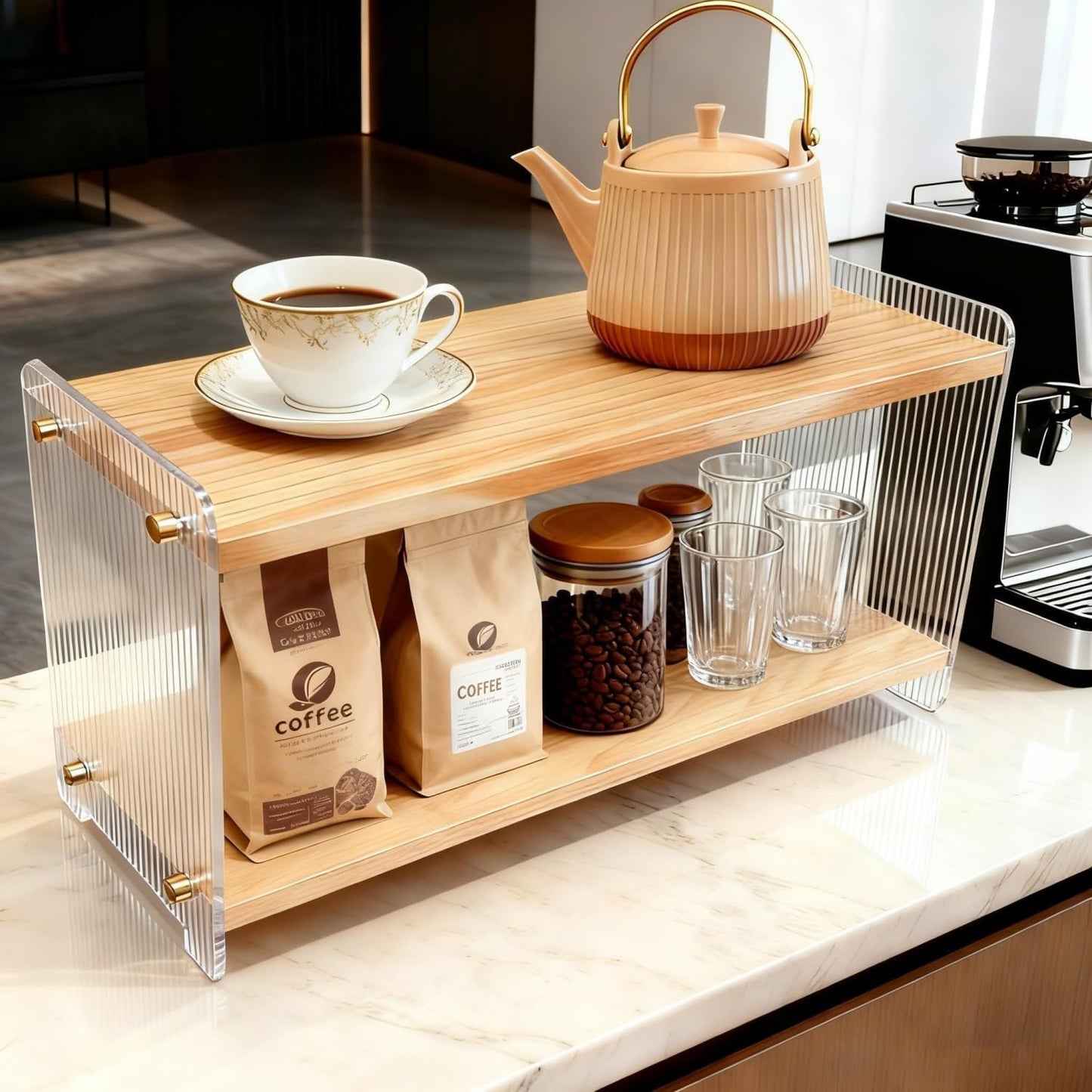 2 15.4" 5.7" 8.2" Coffee Station Organizer Tier, Solid Wood Mug Shelffor Coffee Bar,Matcha Station,Tea Storage - Holds