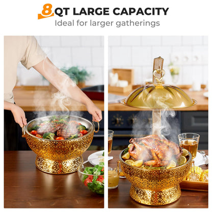 8QT Gold Chafing Dish Buffet Set, Luxury Stainless Steel Food Warmer, Elegant Hollow-Out Design Catering Server for Weddings, Parties, Hotel, Banquets, Christmas & Home Entertaining（2 pcs）