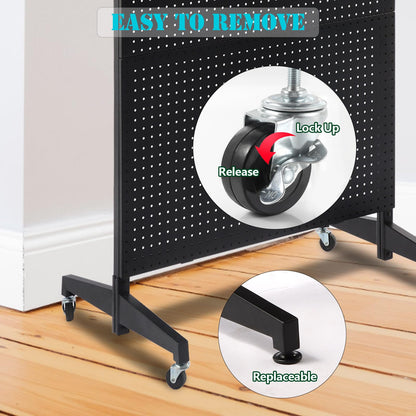 3'x 6' Black Pegboard Panels Display Stand with T-Base, Metal Peg Board Organizer Panels Display Rack With Wheel, Craft Fair Display Rack, Art Display Stand, Retail Display, Extra 20 pieces Hooks