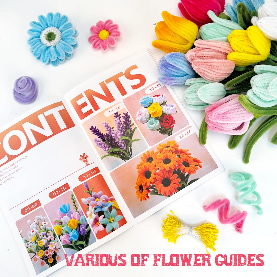 IOOLEEM Pipe Cleaners, 480pcs Pink, Flower Making Kit, Arts and Craft Supplies for Flowers, Ideas for Art Project Activity.