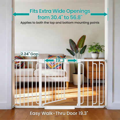 Cumbor 30.4-56.8" Extra Wide Baby Gate for Stairs, Dual Lock & Self-Closing Dog Gate Indoor, Easy Install Pet Gate for Doorways & Wide Openings, Easy Walk Thru Safety Proofing for Babies & Pets, White