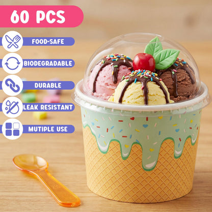 Jingmore 60 Set 4oz Ice Cream Paper Cups with Lids and Spoons, Disposable Sundae Bowls, Dessert Cups for Birthday Party Supplies, Ice Cream Bowls Bulk for Yogurt, Snacks
