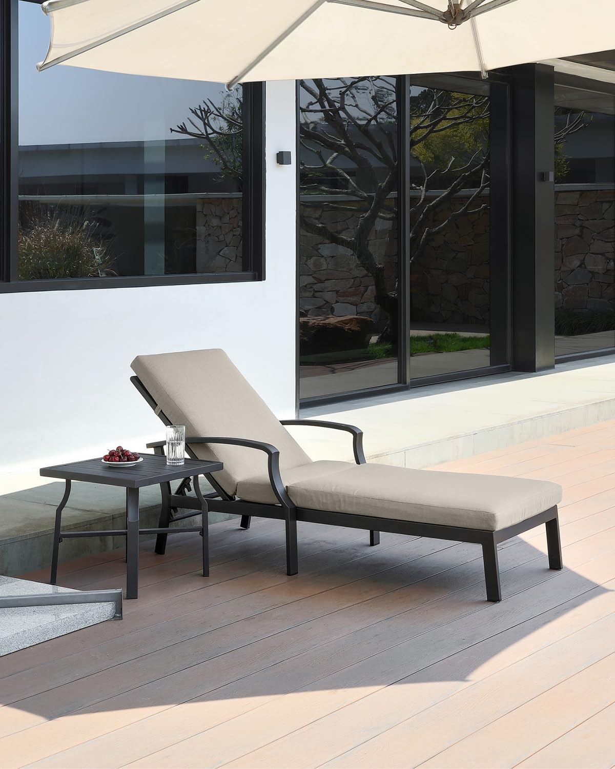 SEEHILL 2 Pieces Lounge Chair Set, Outdoor Chaise Lounge Set, Never-Rust Aluminum Pool Lounge Set with Gray Cushion, 6-Position Adjustable Patio Chaise with Outdoor Side Table for Poolside, Gunmetal