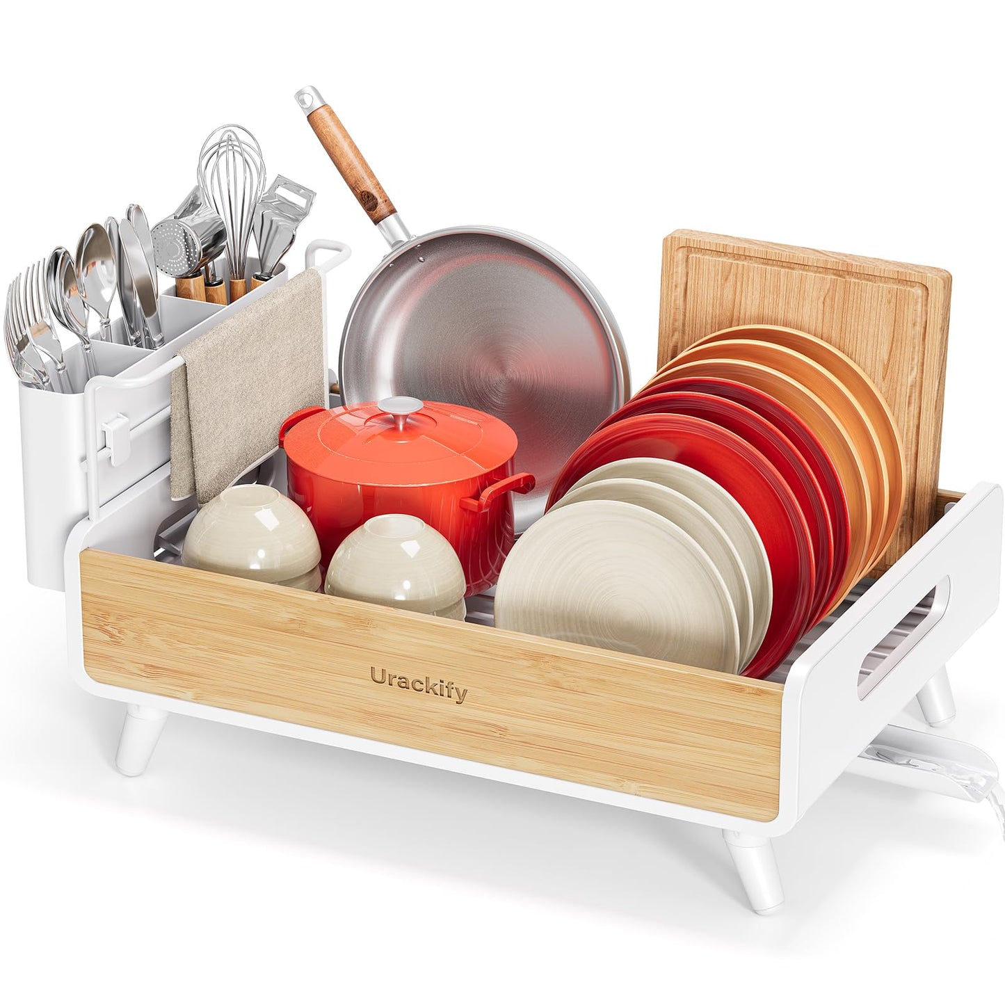 Urackify Dish Drying Rack for Kitchen Counter - Stainless Steel & Bamboo Dish Rack with Large Removable Utensil Holder, Dish Drainer with Adjustable Automatic Spout, White