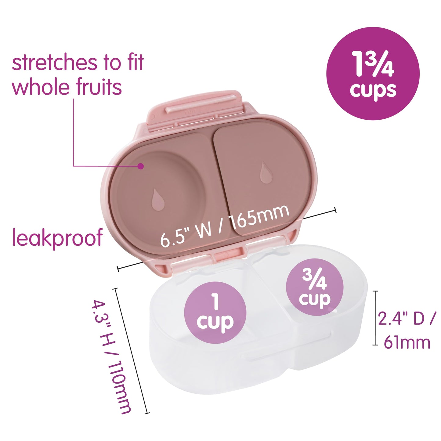 b.box Snack Box - Leakproof Mini Bento Box for Kids & Toddlers, 2 Compartment Snack Containers for Kids, Lunch Containers, Dishwasher Safe, BPA Free, PFAS Free, Ages 4m+, 1 3/4 Cup - Blush Crush