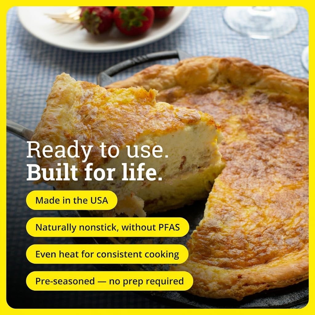 Lodge 9 Inch Cast Iron Pie Pan - PFAS-Free Pre-Seasoned Bakeware for Flaky Crusts, Deep Dish Pies, and Quiches - Dual Handle Design - Made in the USA