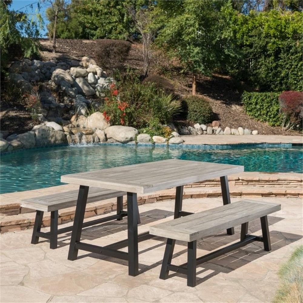 GDFStudio Cassie Outdoor Modern Industrial 3 Piece Acacia Wood Picnic Dining Set with Benches, Sandblasted Light Gray and Black Rustic Metal