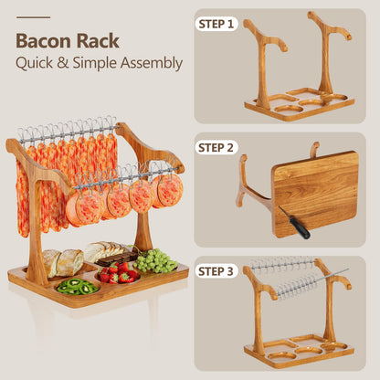 Sueuapp Bacon Display Rack,Patented Design Acacia Bacon Clothesline Serving Tray,Charcuterie Boards with Double Hangers,Exquisite Bacon Tray Holder for Parties,Weddings,Housewarming Gifts