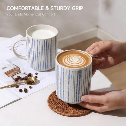 ALOFMO Ceramic Mugs Set of 6, Modern 17oz Coffee Mugs, Stackable Coffee Cups with Handpainted Blue Stripe Pattern, Dishwasher and Microwave Safe Mugs for Home & Office