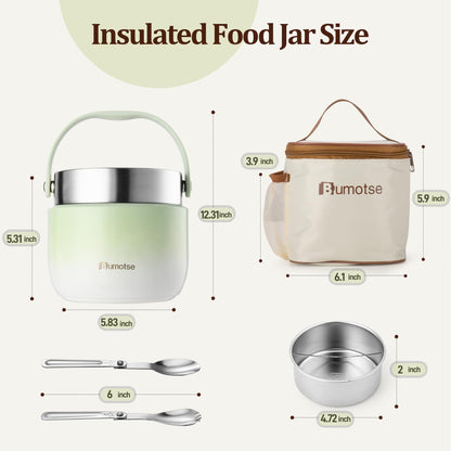 Bumotse 40oz Insulated Food Jar with 2 Compartments, Leak-Proof Thermo for Hot Food Wide Mouth Stainless Steel Includes Spoon and Fork Soup Thermo Lunch Containers Bento Box for Adults（Green
