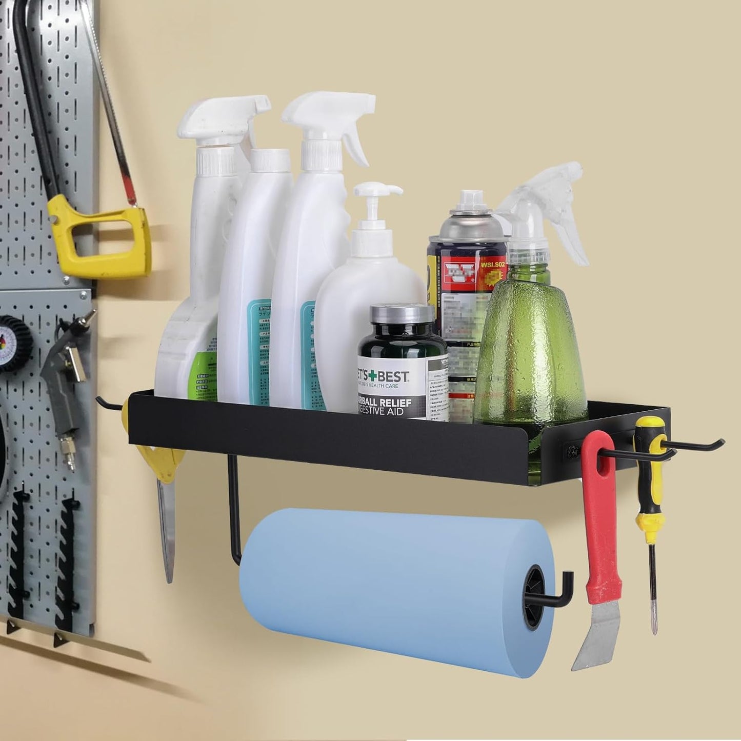 Tongyuyan 2 Garage Paper Towel Holder with Shelf & Detachable Hooks - Wall Mount Shop Towel Holder & Paper Towel Holder