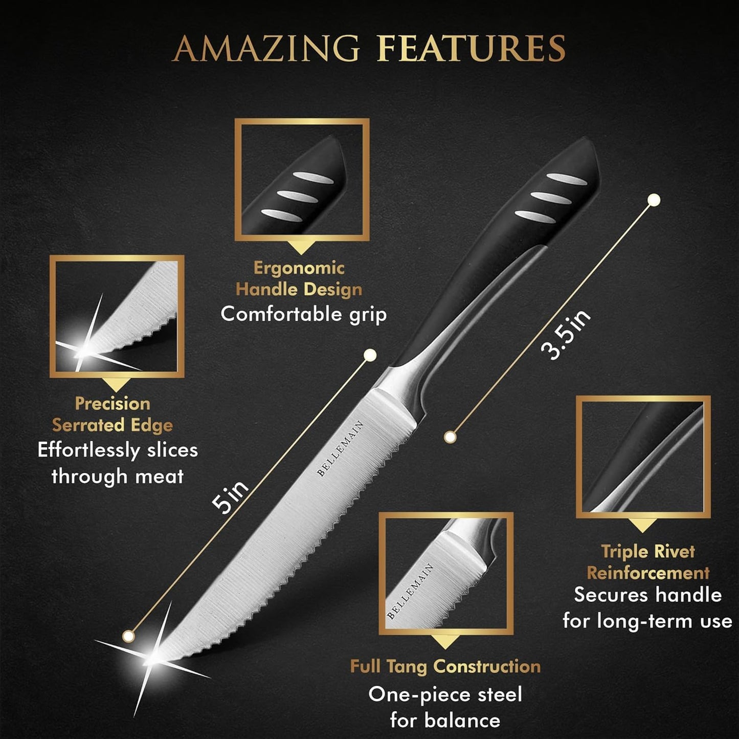 Bellemain Premium Steak Knives Set of 6, Kitchen Knife Sets with Steel Blades for Precise Cutting, Lightweight Steak Knife Set Stainless Steel & Durable, Serrated Steak Knives Dishwasher Safe