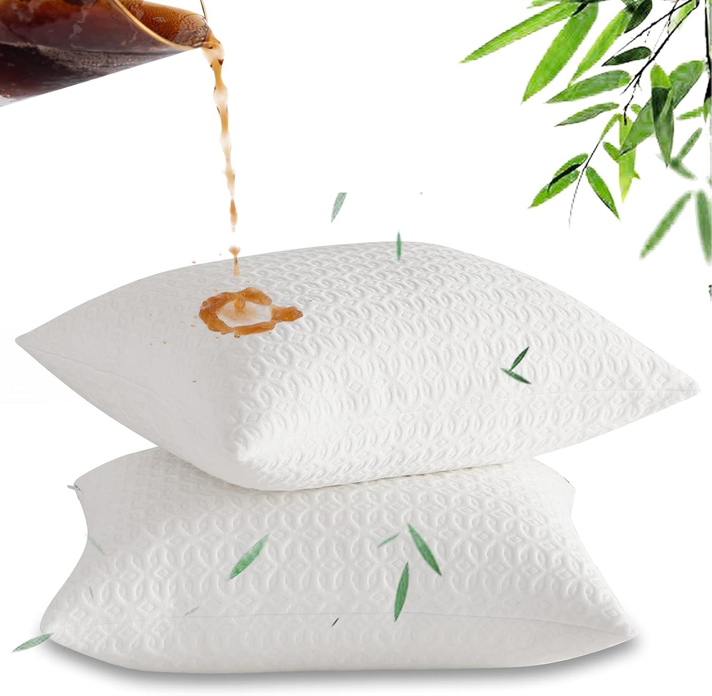 Waterproof Pillow Protector with Zipper, Bamboo Derived Rayon Pillow Covers, Queen Cooling Pillow Case Cover, Set of 2