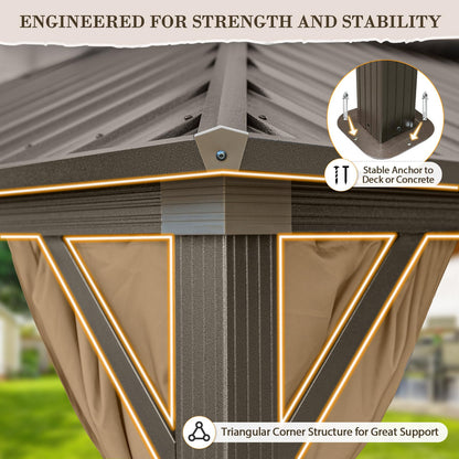 EAGLE PEAK 12x18 Hardtop Gazebo, Galvanized Steel Double Roof with Aluminum Frame, Outdoor Pavilion with Netting and Curtains for Patio, Deck, Lawn and Garden, Dark Brown/Tan