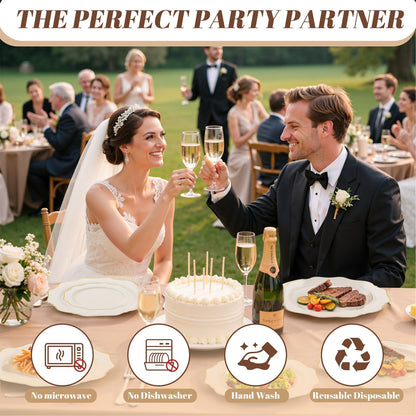 WDF 200PCS Ivory Plastic Plates with Gold Rim - Cream Plastic Plates - Include 100 Dinner & 100 Dessert Fancy Disposable Plate for Party - Heavy Duty Plate for Wedding/Baby Shower/Spring/Mother's Day