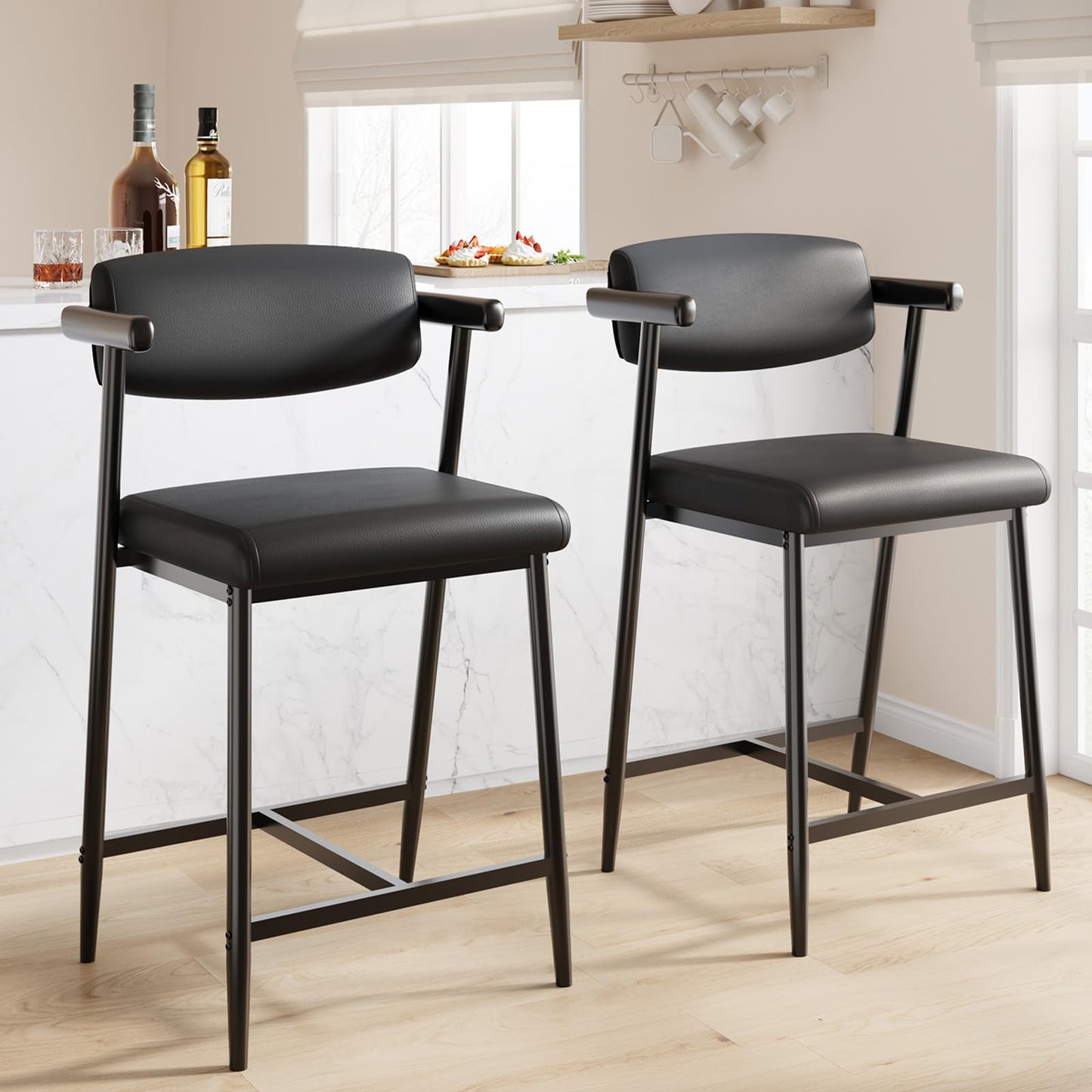 IDEALHOUSE Counter Height Bar Stools Set of 8, 26" Metal Barstools Set with Armrest & Footrest, Bar Chairs with Long Back &Thickened Wide Soft Seat for Kitchen Island, Counter Height Bar, Rustic Black