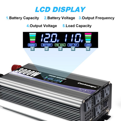 Cantonape 3000W Power Inverter 12V to 110V/120V DC to AC with LCD Display, Remote Controller and 4 x AC Outlets Car Adapter for Car Truck Boat RV Off Grid Solar System