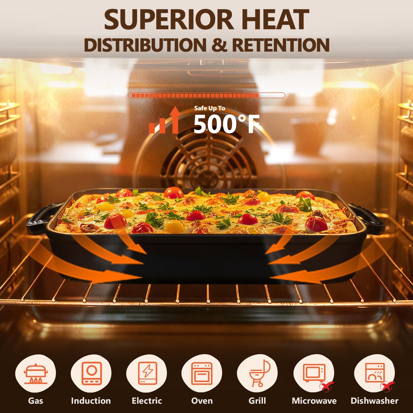 Lvmol Cast Iron Detroit Pizza Pan - 9x13 Inch Pre-Seasoned Deep Baking Dish for Casserole, Focaccia, Lasagna