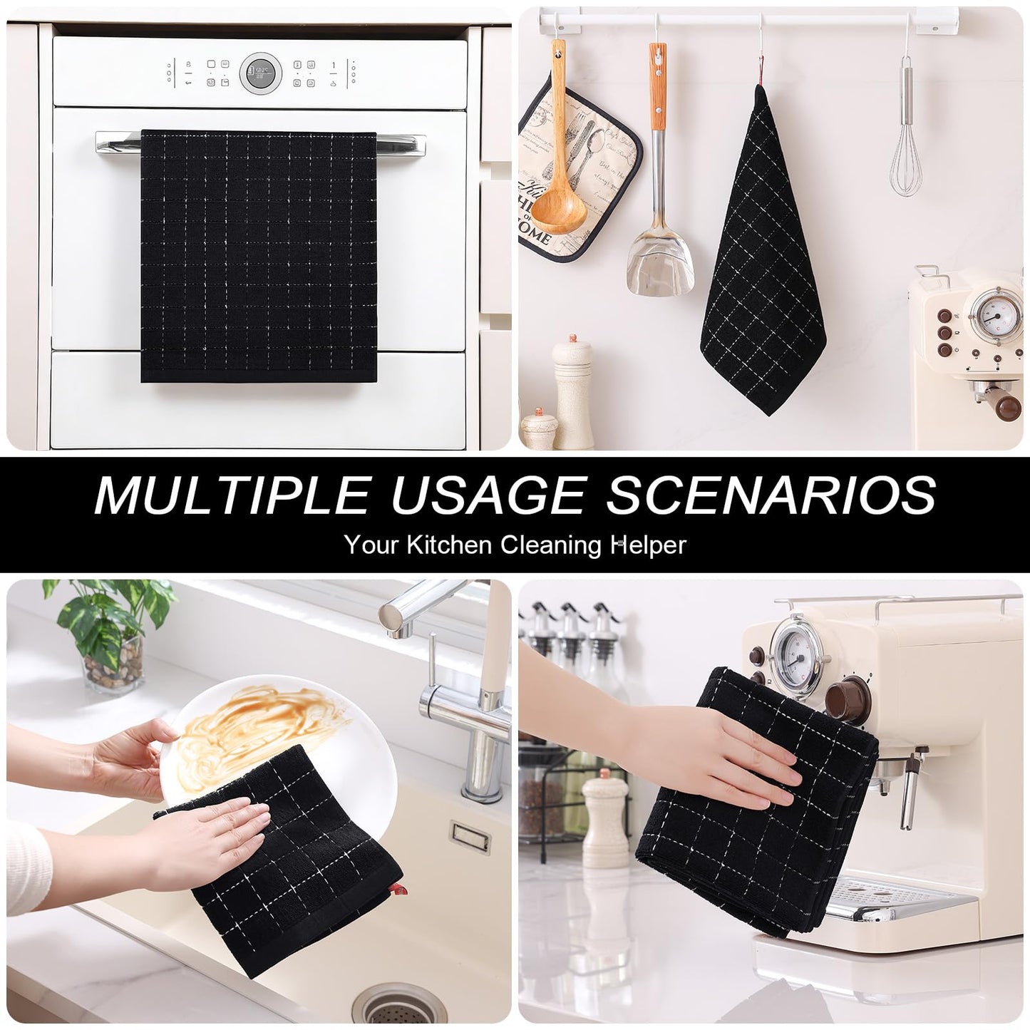 Homaxy Kitchen Towels and Dishcloths Set, 12 x 12 and 13 x 28 Inches, Set of 8 Bulk Cotton Terry Kitchen Towels Set, Checkered Designed, Soft and Super Absorbent Dish Towels, Black