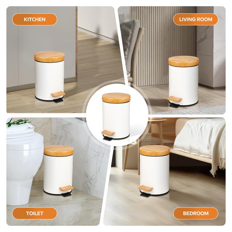 ODJSY Small Bathroom Trash Can with Natural Bamboo Lid Soft Close，3 Liter / 0.8 GallonStainless Steel Garbage Can with Removable Inner Bucket andStep Pedal（White）