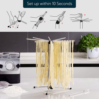 KITCHENDAO Collapsible Pasta Drying Rack, Foldable for Easy Storage, Rotary Arms, Detachable for Easy Cleaning, Stainless Steel Homemade Hanging for up to 6 lbs, Pasta Noodle Spaghetti Stand Hanger