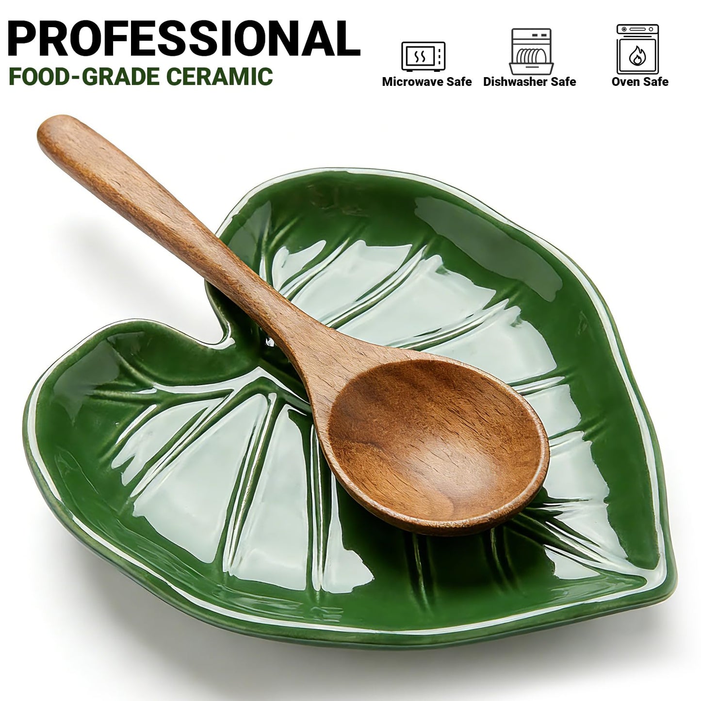Ceramic Spoon Rest for Stove Top and Kitchen Counter, Green Leaf Spoon Holder, Cute Cooking Spoon Rest, Heat Resistant Dishwasher Safe Kitchen Utensil Rest, Decorative Kitchen Decor