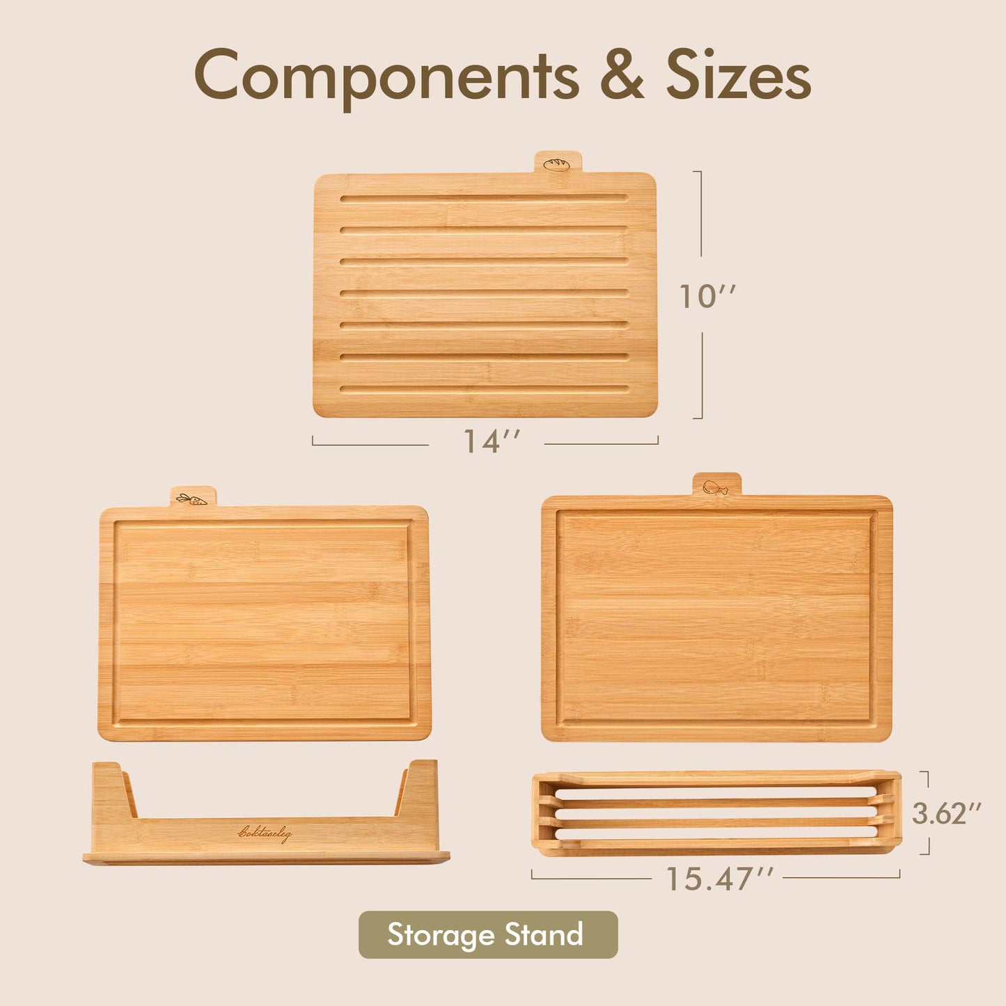 Coktaseleg Bamboo Cutting Boards for Kitchen Set of 3, Large 14’’ x 10’’ with Holder, Wooden Cutting Board with Juice Groove & Labels for Meat Vegetables Bread