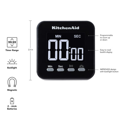 KitchenAid KQ912 99M Digital Single Event Magnetic Visual Timer with Backlight, Cooking, Classroom, Egg Timer, Black