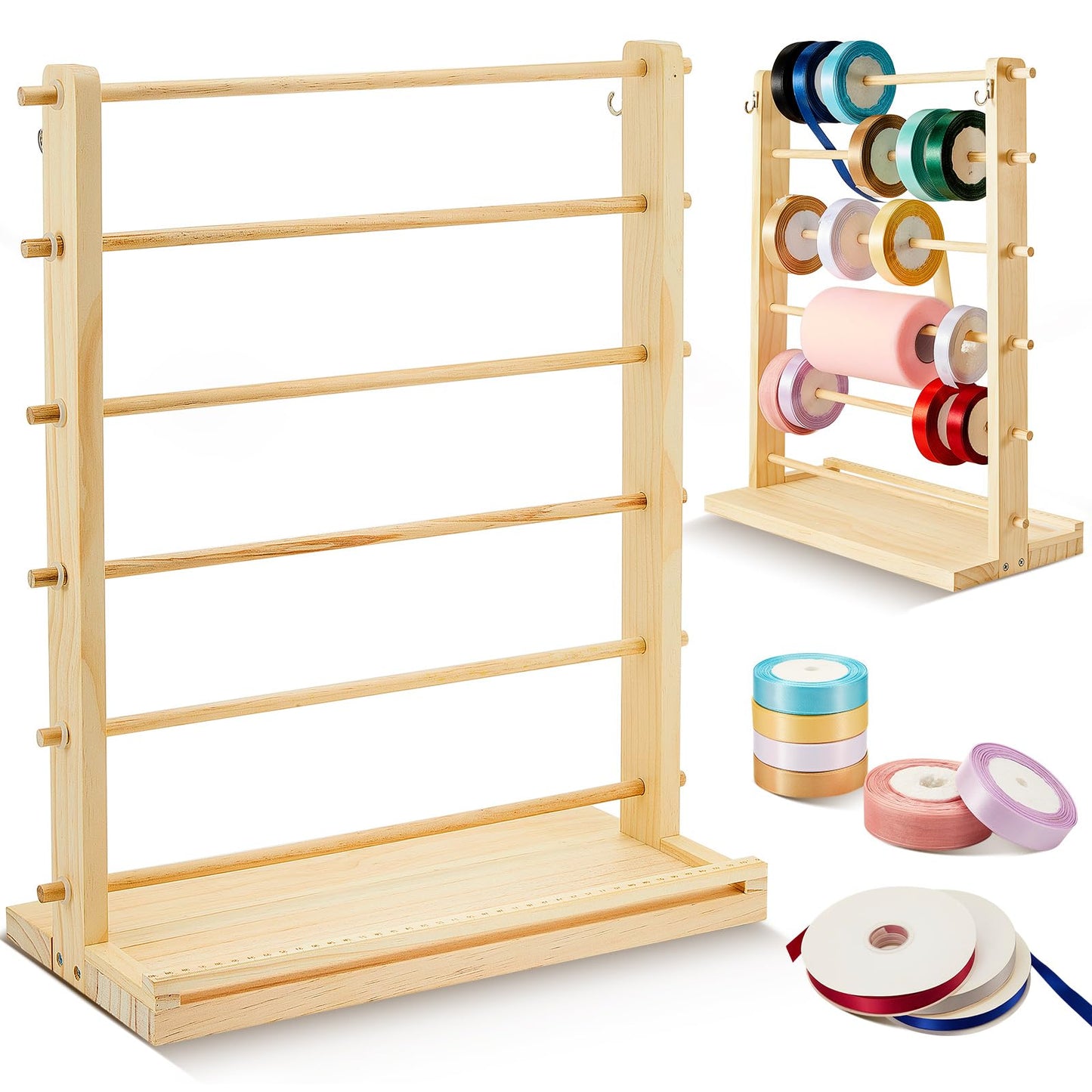 Menkxi 6 Tier Wooden Ribbon Organizer Ribbon Holder for Craft Room Storage Florist Spool Rack Wreath Making Supplies Gift Wrapping Organizer for Sewing Stabilizer Rolls Mothers Day Gift Spring Wedding