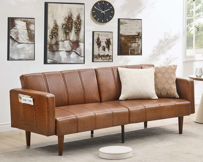 75" Futon Sofa Bed, Mid-Century Modern Futon Couch, Convertible Sleeper Sofa with Adjustable Backrest, Side Pocket, PU Leather Couch for Living Room, Brown