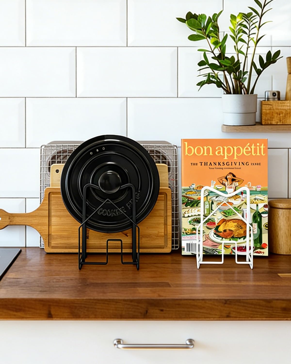 SUNFICON 2 Pack Cutting Board Racks Holders Pot Pan Lids Holders Chopping Board Organizers Thin Bakeware Trays Dry Display Stands Kitchen Countertop Cabinet Office Black