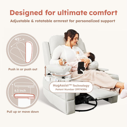 MAMAZING Lullapod Power Nursery Recliner Rocking Chair, Triple Motor Power Recliner with HugAssist Armrest, 270° Swivel Glider and Quiet Rocking Chair Nursery with Dual Charging Port and Storage