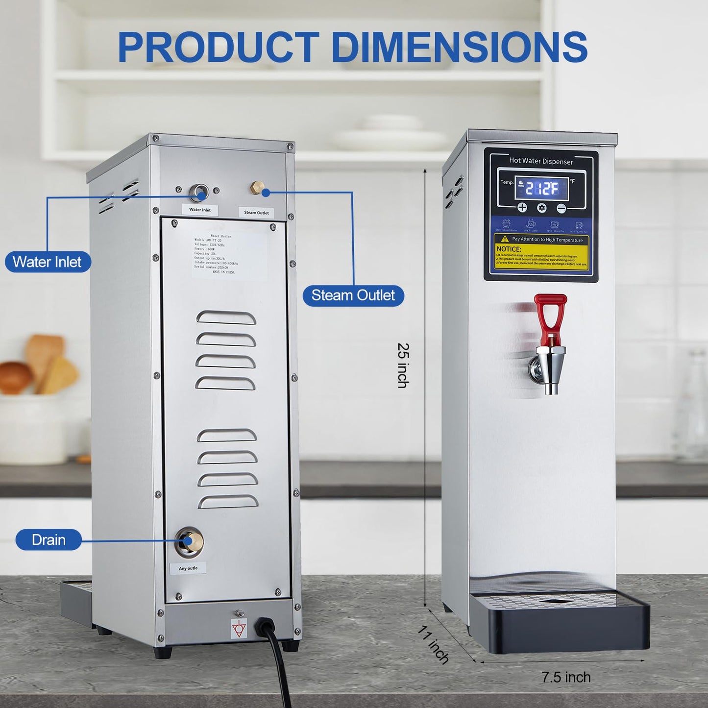 Hot Water Dispenser Commercial Water Boiler Electric Warmer Hot Water Machine Stainless Steel 30L(8GAL)/Hour Step-heating Temperature Control 86-212°F for Boba Tea Coffee Office Restaurant 1600W