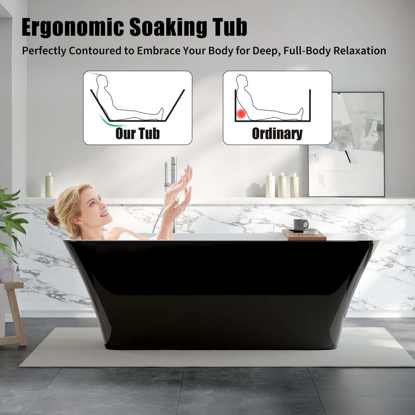 67 inch Freestanding Bathtub, Luxury Acrylic Freestanding Tub with Overflow and Chrome Drain, Extra Large Stand Alone Soaking Bathtub for Modern Bathroom