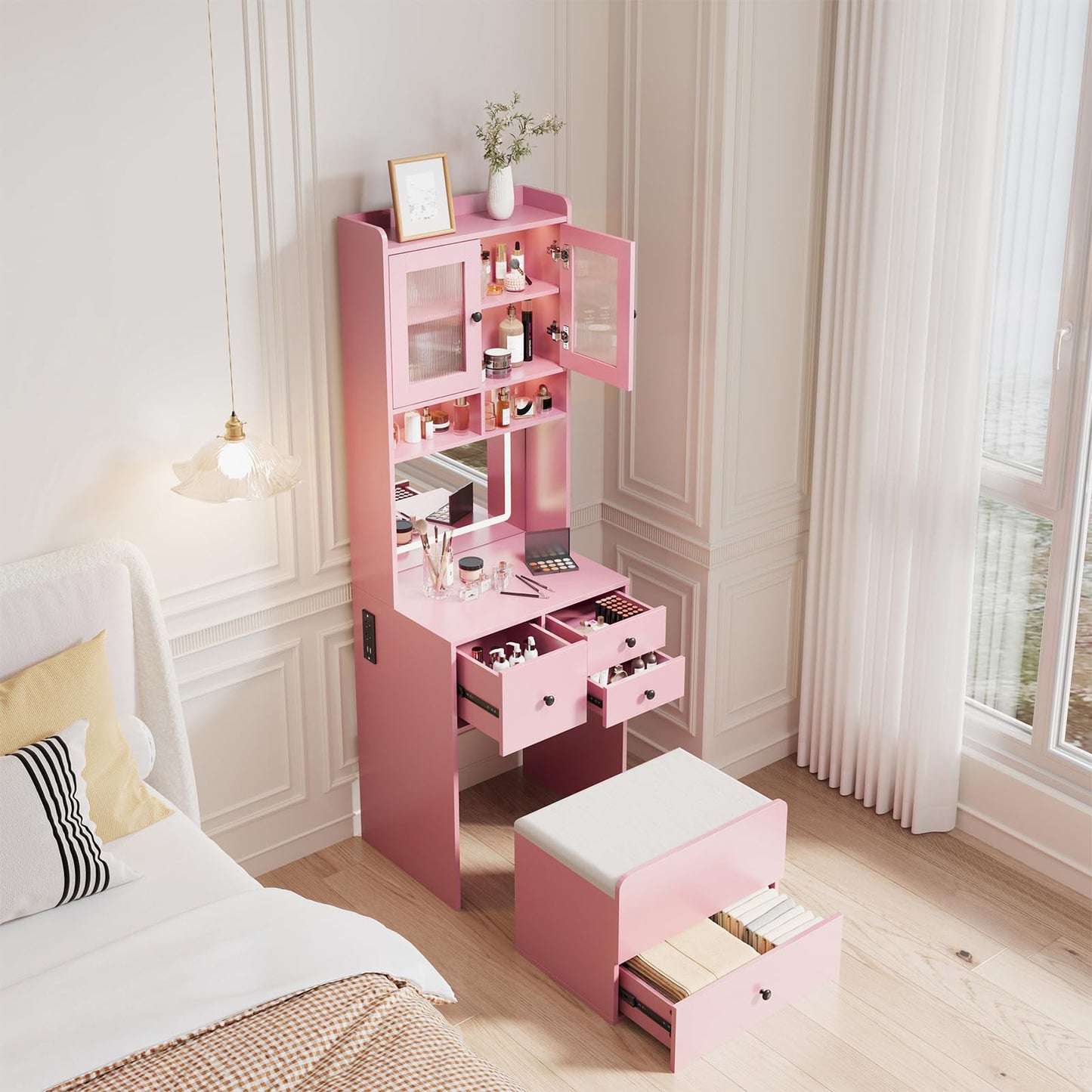 Hetoy 3-in-1 Vanity Desk with Sliding LED Mirror, AC Outlets & USB-C, 4 Drawers, Acrylic Doors, Storage Stool, Cushioned Chair - Complete Makeup Dressing Table Set for Bedroom - Pink