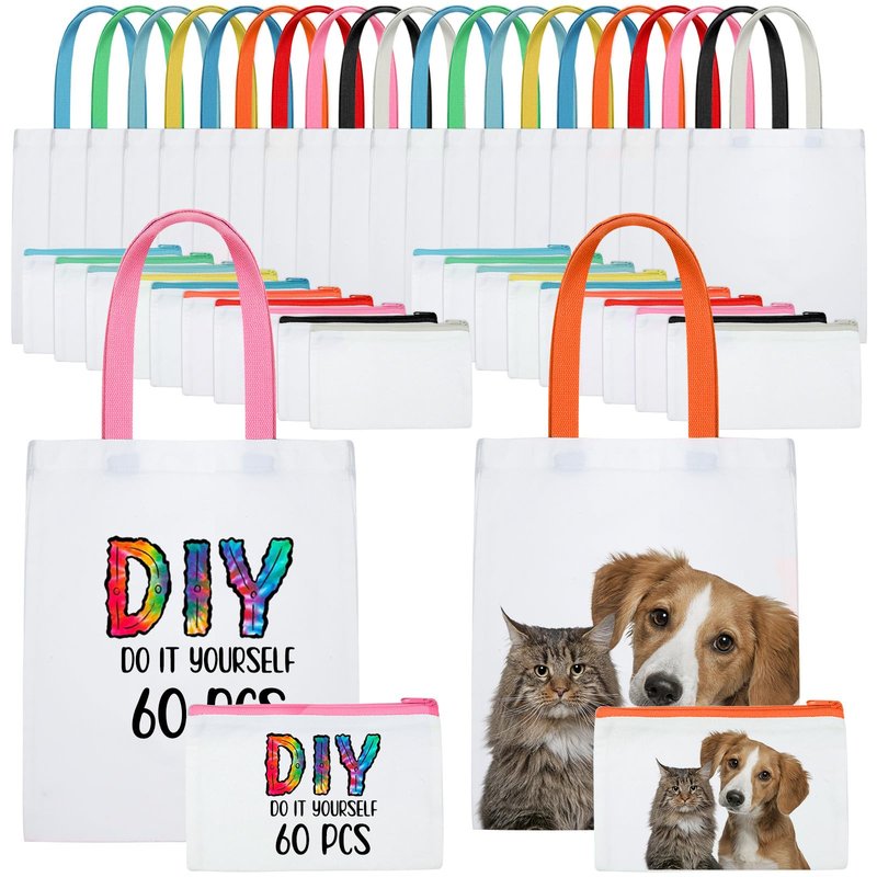 Sweetude 60 Pcs Sublimation Blanks Tote Bags Bulk, Canvas DIY Bag Reusable Shopping Totes Heat Transfer Cosmetic Makeup Bags W/Customized Color for DIY, Advertising Valentines Thanksgiving Craft Gift