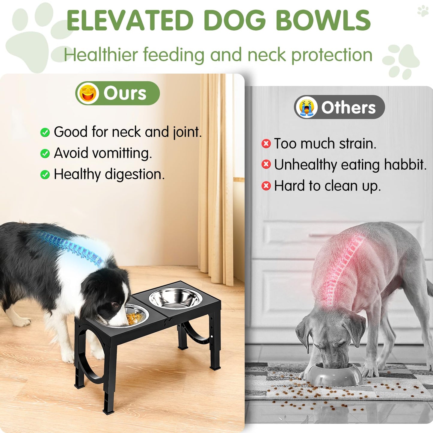 XIAZ Elevated Dog Bowls Large Breed Raised Dogs Bowl Stand Large/Medium Sized Dog Stainless Steel Food Water Bowl Stands 5 Heights Adjustable 9/11/12/14in Black Pet Feeder Dish Station