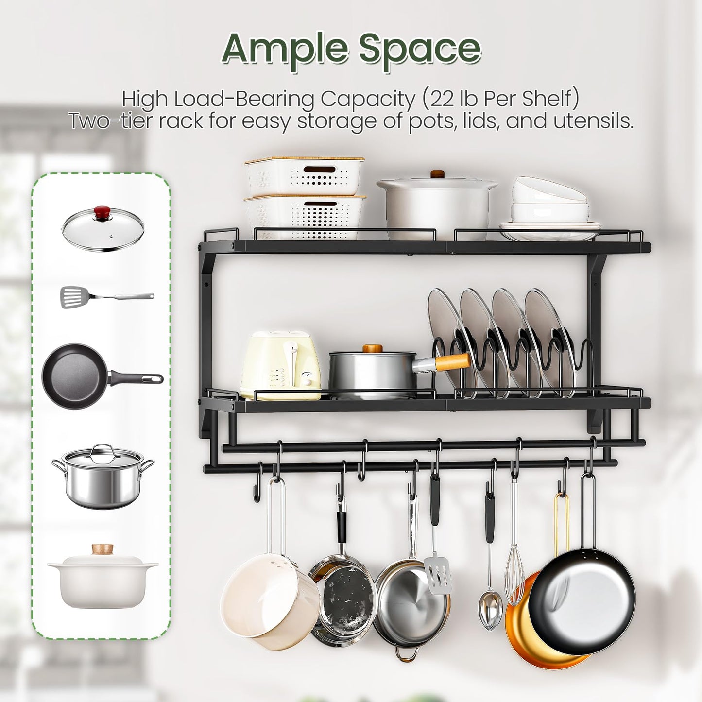CHOEZON Pot Rack, Wall Mounted Pan Holder, 2-Tier Pot and Pan Organizer, Pot Hanger with 10 S-Shaped Hooks, Cookware Organizer with 5 Removable Metal Wire Dividers, Black TPR35BB