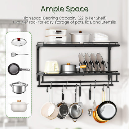CHOEZON Pot Rack, Wall Mounted Pan Holder, 2-Tier Pot and Pan Organizer, Pot Hanger with 10 S-Shaped Hooks, Cookware Organizer with 5 Removable Metal Wire Dividers, Black TPR35BB
