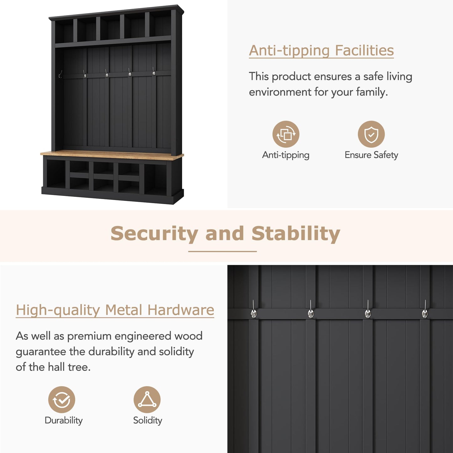 Merax Wood Farmhouse Hall Tree with Storage Entryway Bench, 3-in-1 Coat Racks with 6 Hooks &Shelves for Entrance, Hallway, Mudroom,Black