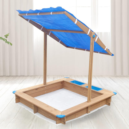 Wood Sandbox with Cover, Sand Box with 2 Bench Seats for Aged 3-8 Years Old, with Adjustable Height Canopy, Sand Pit for Beach Patio Outdoor