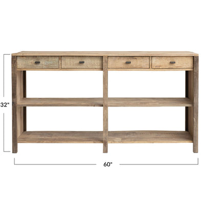 Reclaimed Wood Console Table with 4 Drawers 4 Storage Sections, Natural