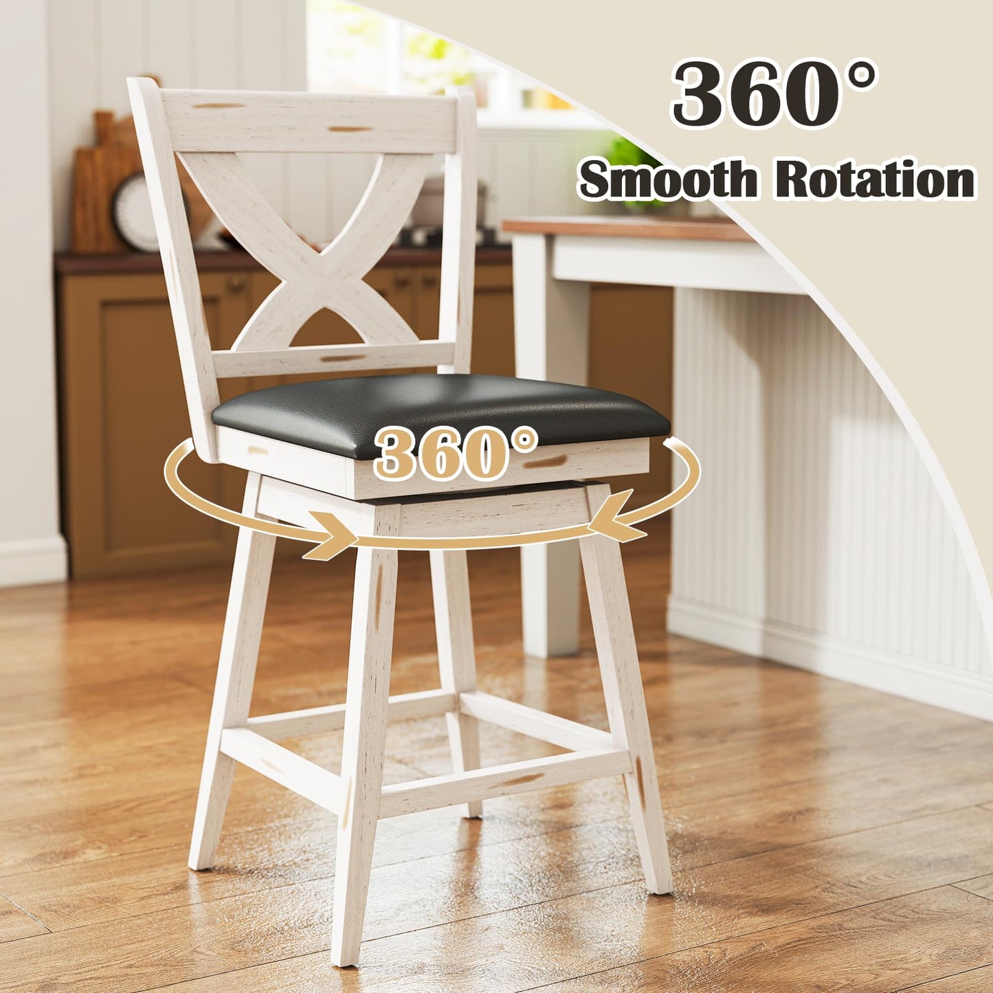 Callales Swivel Bar Stools Set of 4, Farmhouse 24" Counter Height Barstools with X Carved Backs, Wooden Bar Chair with Solid Wood Legs & Footrest for Kitchen Island, Home Bar, Pub. Antique White