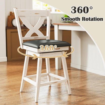Callales Swivel Bar Stools Set of 4, Farmhouse 24" Counter Height Barstools with X Carved Backs, Wooden Bar Chair with Solid Wood Legs & Footrest for Kitchen Island, Home Bar, Pub. Antique White
