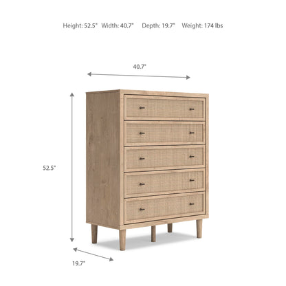 Signature Design by Ashley Cielden Contemporary Chest of Drawers with Textured Cane Details and 5 Drawers, Bronze Knobs, Wood, 52.48" High, Light Brown