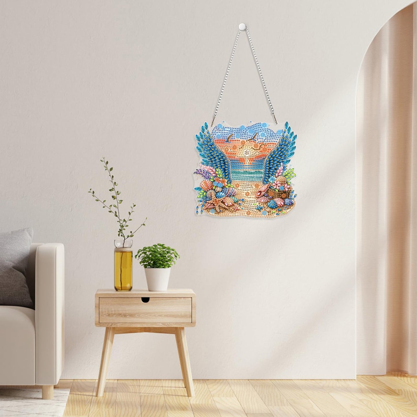 GHHKUD Summer Beach Diamond Art Hanging Kits for Adults, DIY Double Sided Diamond Arts Painting Hanging Wing, Special Shaped Acrylic Ornaments Pendants for Window Home Garden Wall