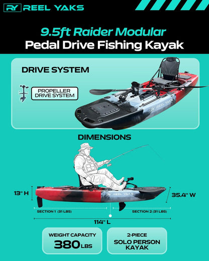 Reel Yaks Raider Modular Fishing Kayak - Propeller Drive, 9.5ft, 380 lbs Capacity, Black White Red - Pedal Fishing Kayaks for Adults & Youth, Sit on Top, Compact Storage, Lightweight, Easy Transport