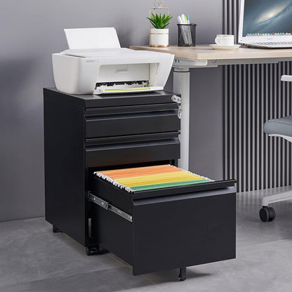 Oasecrilio 3 Drawer Filing Cabinet, Mobile Filing Cabinet for Home Office, Locking File Cabinets for A4/Letter/Legal Size File Folders, Fully Assembled, Matte Black